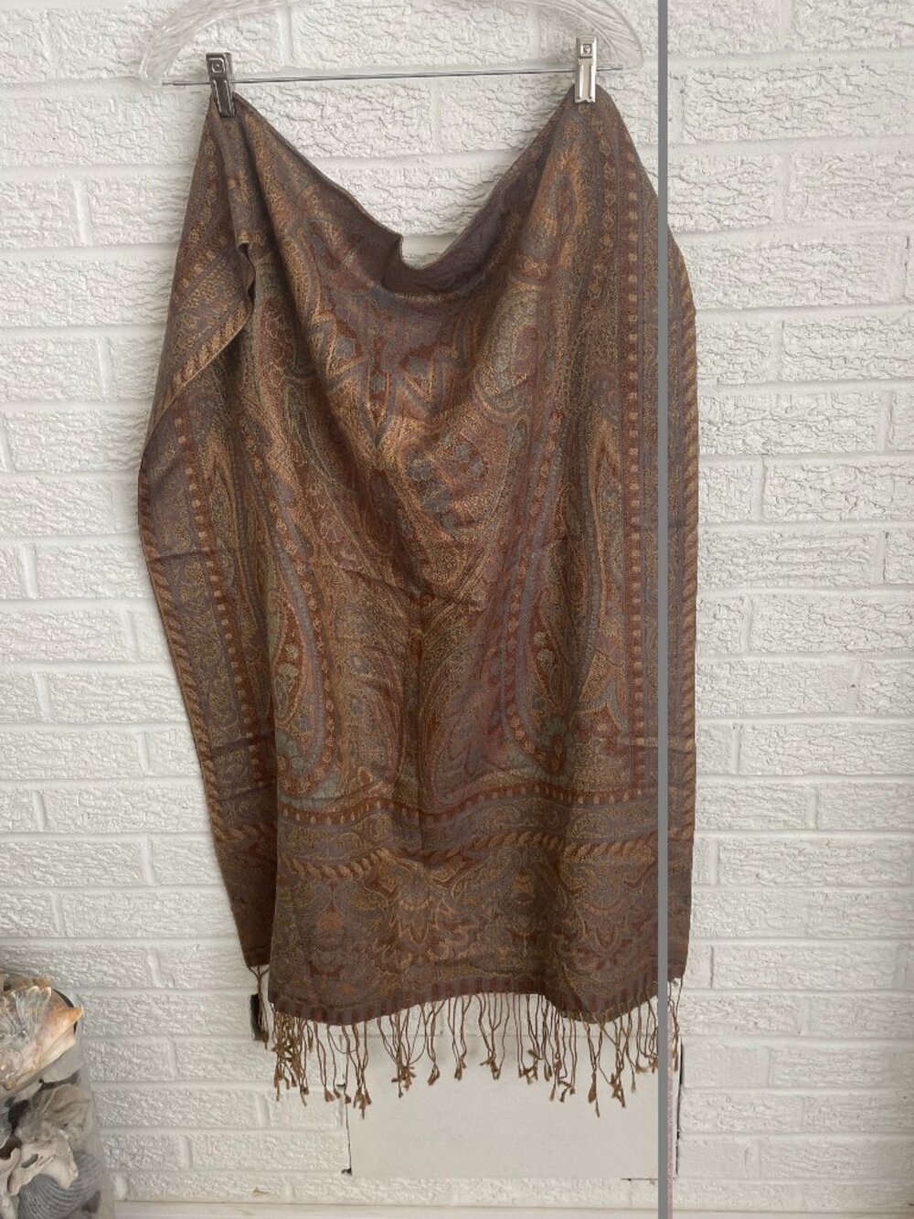 Silk Wool Paisley brown / grey / gray / green / gold, pashmina / wrap / scarf